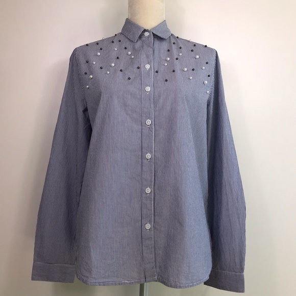 BeachLunchLonge Pin Stripes Pearls Beads Button Down Shirt Women’s Size S - Picture 1 of 9